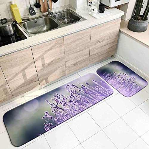 Banemi Kurzflor Teppich, Küchenmatte Boden Violett Lavendel 60X90cm+60X180cm für Schuhschaber, Ideal für Den Innenbereich