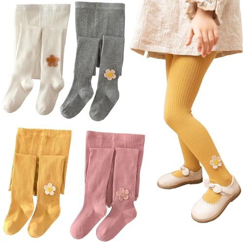 Silkglory Mallas Niñas, 2PCS leggings Niñas Pequeñas Linda Decoración Floral,Medias para Recién Nacidas, medias para Niñas 4-5 Años Blanco/Gris