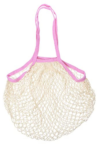 sourcing map Cotton Mesh Bag, 15x13.8 Long Handle Reusable Washable Mesh Net String Grocery Bags Organizer for Fruits Vegetables Shopping Pink Beige