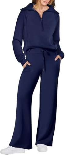 ANRABESS Women’s 2 Piece Outfits Half Zip Sweatshirt & Wide Leg Pants Airport Travel Lounge Matching Sets Sweatsuits Clothing Navy Blue Medium
