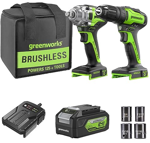 Greenworks 24V 400 Nm Akku-Schlagschrauber und 35 Nm Akku-Bohrschrauber, 4Ah-Akku, 4 Impaktor Steckschlüssel