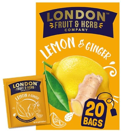 London Fruit & Herb Lemon & Ginger Tea, Caffeine-Free Herbal Infusion, 20 Teabags – Zesty Lemon with Warming Ginger, Perfect for Soothing and Refreshing (Pack of 6)