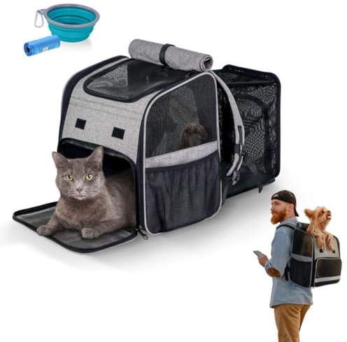 Mobiclinic® Pets, Mochila para Mascotas. Tula, Plegable, Ventilación, Bolsillos, Incluye comedero y Bolsas, Múltiples accesos, Ajustable, 37x29x37.5 cm, Transportín Gatos Perros
