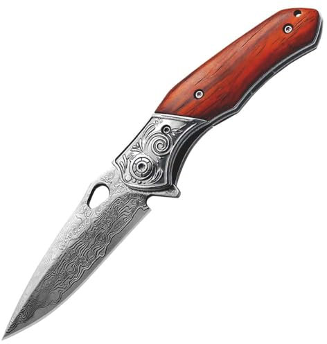Joa Couteau de poche Damas pliable de qualité supérieure - Couteau de poche 7 - Couteau de survie - Couteau de chasse - En acier damassé - Petit couteau avec manche en bois