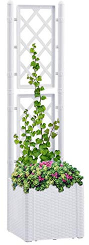 Mengtu Hochbeet mit Spalier Pflanzkübel mit Rankgitter Pflanzkasten für Kletterpflanzen mit Selbstbewässerung Blumenkasten mit Rankgitter Weiß 43x43x142 cm Garten Möbel