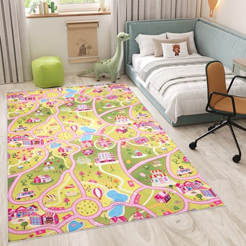 TAPISO Flannel Teppich rutschfest Rosa Bunt Waschbar Kurzflor Modern Straßenteppich Stadt Kinderteppich Kinderzimmer Spielteppich ÖKOTEX 120 x 170 cm