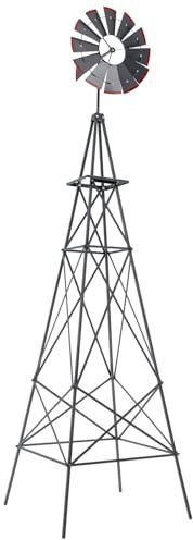 COSTWAY 8FT Metal Windmill, Weather-resistant Ornamental Garden Wind Mill as Weather Vane & Decoration, Outdoor Wind Spinner Sculpture for Patio Backyard Farm (Grey, 67x67x253cm, More Metal Braces)