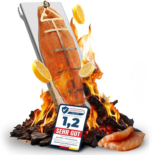 Naviable Edelstahl Flammlachshalter für Feuerschalen & Kugelgrills – Testsieger - 5-stufig verstellbares Grillbrett für perfektes Flammlachs und Fisch - Grillen bei Camping & Grillpartys