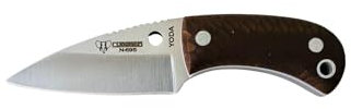 Cudeman nuevo cuchillo de cuello YODA 200-JM CUERO hoja de acero Böhler N-695 y empuñadura de juma marrón de 5,8 cm para caza, pesca, supervivencia y bushcraft + Portabotellas regalo