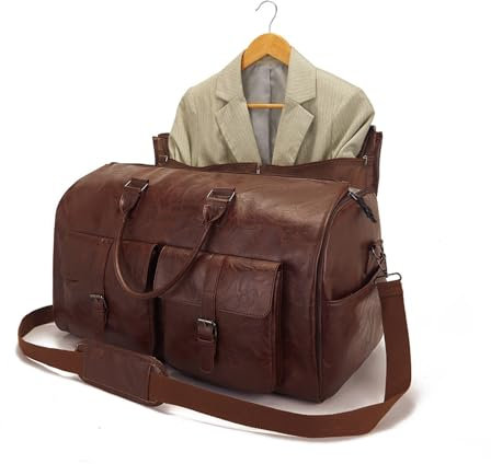 Faltbare Reisetasche Kleidertasche für Reisen, 2 in 1 Hängender Koffer Garment Duffel Bag，PU Leder Gepäcktasche,Unisex Wasserdichter mit Kulturtasche Geeignet für Reisen, Geschäftsreisen(Brown)