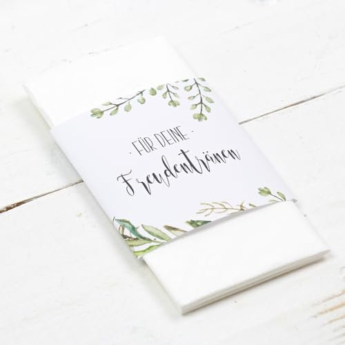 50x Freudentränen Taschentücher Banderolen, Taschentücher Hochzeit, für die Freudentränen, Standesamt, Kirche, *Green Garden*