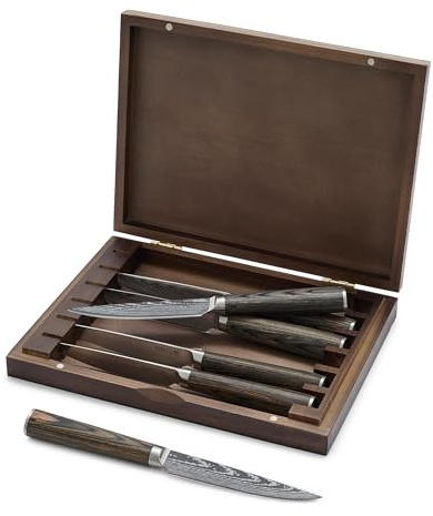 GreenPan x Bobby Flay 6 Piece Steak Knife Set with Wood Storage Box, Premium Stainless Steel Blades, Precision Cutting Tools, Ultra-Versatile Cutlery, Hand Finished Wood Handle, Damascus Steel Design