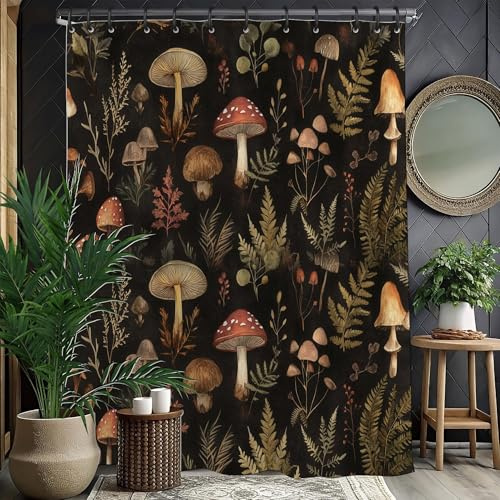 TSLOVER Duschvorhang, Vintage-Stil, dunkler Waldpilz, botanisch, 183 x 183 cm | Cottagecore Botanischer Vintage-Pilz-Wald-Druck, Hauseinweihung, Naturliebhaber, Badedekoration, mit Haken