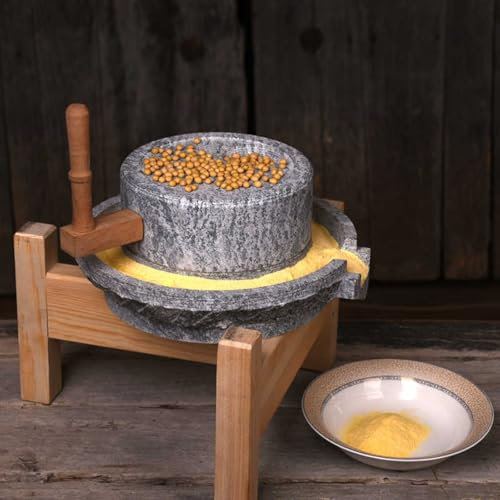 Vibeo Stone Grain Mill Corn/Soybean/Black Sesame/Peanut Grinding Machine, Paste/Powder Manual Grain Mill with Bracket, Handmade Natural Bluestone Decorative