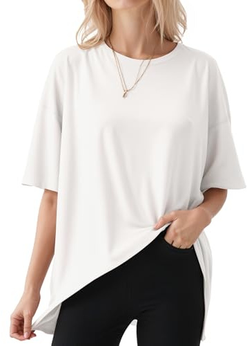 ALGALAROUND Women Oversize Crew Neck Short Sleeve Tops White S