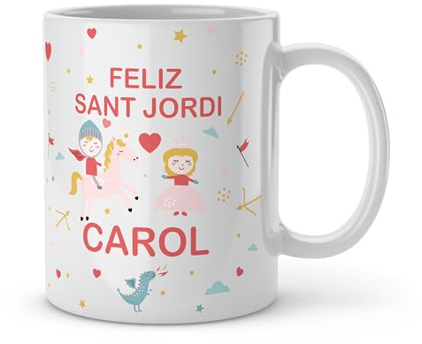 Made in Gift Taza Blanca de Cerámica con Asa 33cl Feliç Sant Jordi Personalizada con Diseño Catalán como Regalo Original para Sant Jordi Apta para Microondas y Lavavajillas