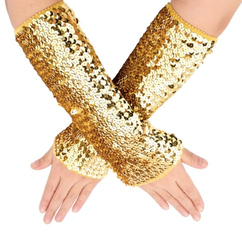 CABODYALS 1 Pair Gold Sequin Long Gloves Glitter Metallic Sequins Elastic Fingerless Glove Shiny Sparkly Stretchy Oversleeves Rave Arm Sleeves Bulk for Women Evening Party Cosplay Dance Accessories