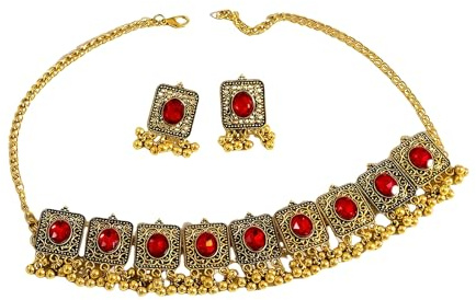 IMINI Vintage Bollywood Jewellery Set for Women - Oxidised Gold-Toned Cubic Zirconia Choker Necklace & Dangle Earrings with Crystal Beads – Adjustable Ethnic Wedding Party Gift for Her (Red)