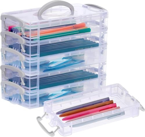 Qualsen 6 st. pennlådor med handtag, pennförvaringslådor set, stapelbara, genomskinliga pennor organisatör för brevpapper, penslar, akvarellpennor, för kontor och hem, 22 x 10 x 4 cm