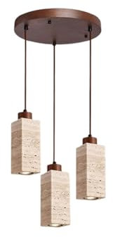 Kikioo Lampadario giapponese Wabi Sabi in pietra naturale con base in legno color noce e travertino giallo nordico, stile vintage di metà secolo, per sala da pranzo, comodino, ingresso, bar, ristorant