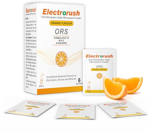 Electrorush ORS (Oral Rehydration Salts) Fast & Effective Orange Flavour Effervescent Supplement for Reducing Dehydration & Replacing Electrolytes (Mineral Salts) of Lost Body Water & Salt 6 Sachets