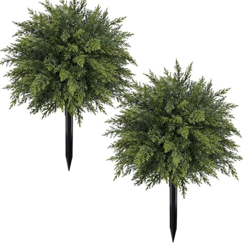 2 Pack Artificial Cedar Topiary Trees with Ground Spike 20.86 Faux Pine Shrubs Bushes UV Resistant Faux Evergreen Cedar Ball Tree for Front Door Porch Planters Indoor Outdoor Spring Summer Decor
