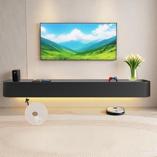 Aipunlus Wandmontierte TV-Schrank, Wand-TV-Schrank, Hängendes TV-Board, Schwimmender TV-Hängeschrank mit Türen in Medien-Wandeinheit, TV-Konsole für Wohnzimmer und Büro (schwarz+LED, 220cm)