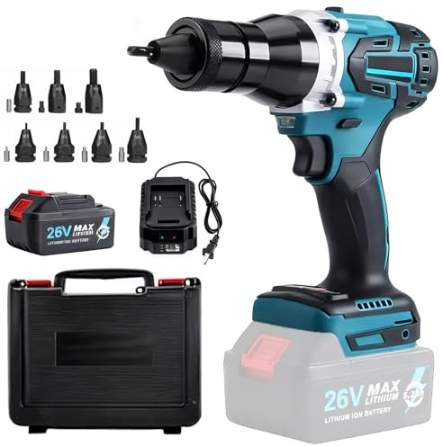 HNBYLMM Remachadora eléctrica inalámbrica, Juego de Remachadora automática eléctrica, Herramienta portátil para Tuercas remachables con batería de 5,2 Ah y LED, para Tuercas M3/M4/M5/M6/M8/M10/M12