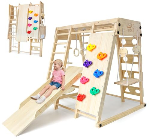 SOFTHOM Grand Aire de Jeux intérieure, Pliable 10 en 1 Ensemble d'escalade pour Enfants, Montessori Aire de Jeux d'escalade AVCE Skateboard, Balançoire, Mur d'escalade, Planche d'escalade, Naturel