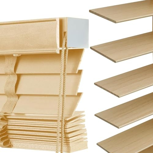 5cm Slats Venetian Wooden Blinds 30 40 60 80 90 100 120 150 160cm Blinds for Indoor Windows Real Wood Custom Sizes 25-160cm Wide Wooden Window Blinds for Home Bedroom(Wood Colour)