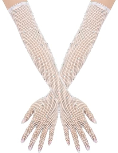 SSIMIDAPT 1 Par Guantes Largos Rejilla con Diamantes de Imitación, Fishnet Gloves, Guantes Brillantes Mujer, Guante Strass, Guante Vintage Modas de Los Años 80 para Mujer, para Cenas Fiestas Óperas