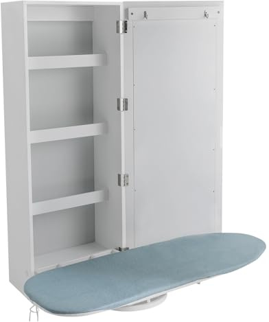 Armario de pared para tabla de planchar, base metálica giratoria de 180° y espejo, plegable y oculto, ahorro de espacio