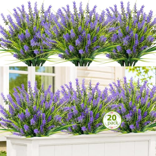 Kunstpflanze Outdoor Künstliche Pflanzen, 20 Stück Fake Plant mit Blumen | Violett Wetterfest Blumen,UV-beständige Plastikpflanze für Außenbereich Balkon Garten Balkonkästen Dekorations