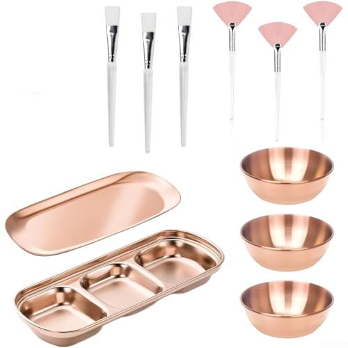 ZWEquipint Lot de 23 bols de traitement du visage avec 6 pinceaux, 12 éponges et plateaux, outils de maquillage en acier inoxydable pour mélanger les masques faciaux et les soins de la peau, doré (or