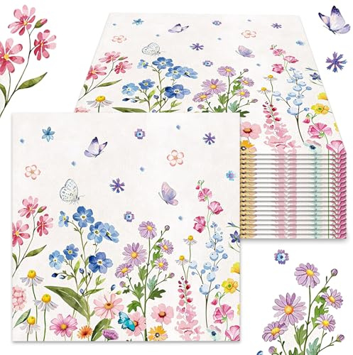 Simsky 40 Stück Servietten Frühling, Servietten Blumen & Schmetterlinge Bunte Papierservietten Frühling Papierservietten Floral Osterservietten Papier für Decoupage Party Garten