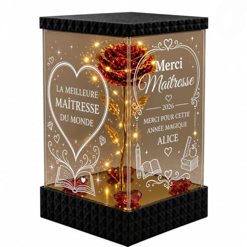 Cadeau Maîtresse Maître ATSEM AESH Personnalisé, Rose Éternelle Lumineuse Dorée, Cadeau Fin d’Année Scolaire avec Message Personnalisé pour Enseignante, Instituteur, ATSEM ou AESH (Merci Maîtresse)