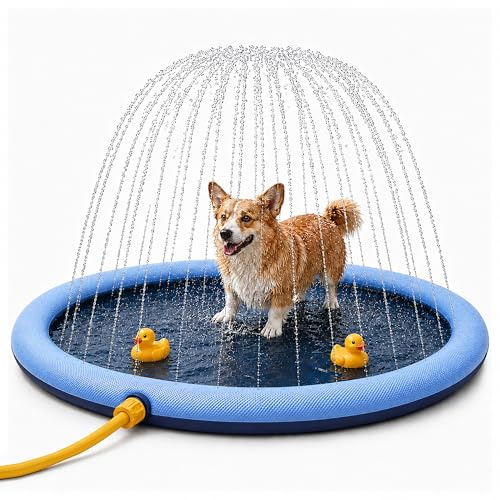 BESCH Piscina para Perros 150 cm, Splash Pad para Perros con Aspersor 360°, Alfombrilla de Agua Antideslizante de PVC, Conexión a Manguera, Plegable para Jardín, Patio y Juegos de Verano