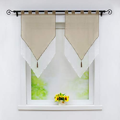 Joyswahl Scheibengardine Voile Panneaux 60x90cm Lydia 45x90cm Braun/Weiß | Bistrogardinen mit Quaste,Landhausstil,Zweifarbig,Doppelschicht Kurzstore,Mit Schlaufen,2 Stück,Küchengardinen modern