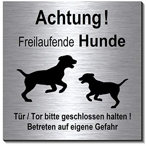 Achtung-Freilaufende-Hunde-Schild 100 x 100 x 3 mm-Aluminium Edelstahloptik silber mattgebürstet Hinweisschild-1910-66