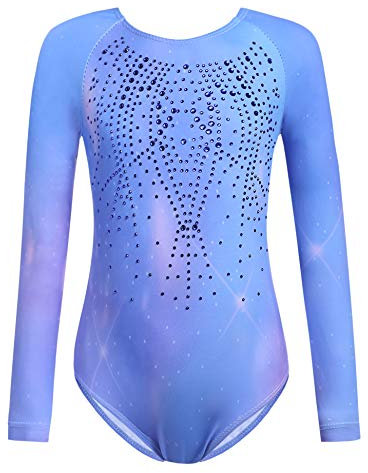 trudge Kinder Turnanzug Gymnastikanzug Mädchen Leotard Langarm Ärmellos Trikot Training Dancewear Gymnastikbody Tanzbekleidung Wettkampf 3-12 Jahre, Sternenblau, 140