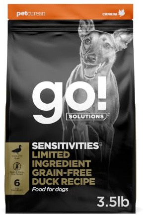 Go! Solutions Sensitivities Limited Ingredient Duck Grain-Free Dry Dog Food, Chicken-Free Kibble Made by Experts for Sensitive Stomachs & Food Allergies, for Puppies, Adults, & Seniors, 3.5 lb Bag