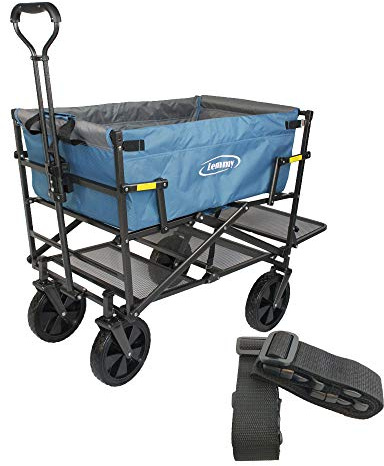 Lemmy Bollerwagen faltbar LMY300, klappbar, Doppeldecker (Mit Festgurt, Blau+Grau)