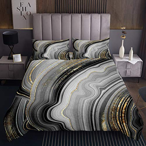 Marmor Druck Steppdecke Grau Golden Marmor Flüssigkeit Tagesdecke 240x260cm für Mädchen Abstrakte Kunst Bettüberwurf Einfache Moderne Mode Marmor Design 3St