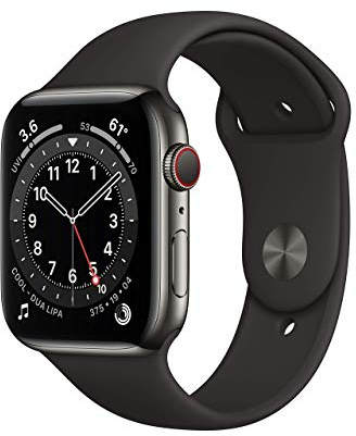 Apple Watch Series 6 (GPS + Cellular, 44mm) - Graphite Stainless Steel Case with Black Sport Band (Renewed)