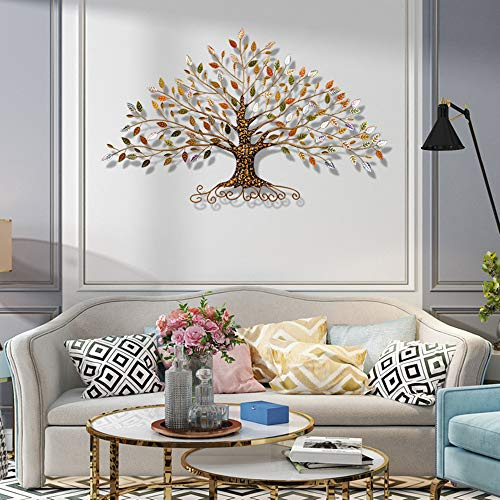 HQL Baum des Lebens Wandkunst Dekor, Baum Blatt Metall Wandskulptur, 3D kreative Wandbehang Dekoration, für Wohnzimmer Hintergrundwand,30 W x 18 H（77x45cm）