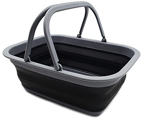 SAMMART 9.2L Collapsible Tub with Handle - Portable Outdoor Picnic Basket/Crater - Foldable Shopping Bag - Space Saving Storage Container (Dark Grey/Black, 1)