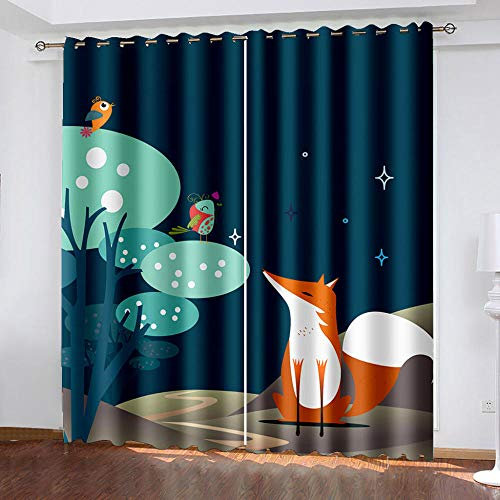 EWGYH Gardinen Kinderzimmer Junge Blau Cartoon Fuchs 240X132Cm Verdunklungsvorhänge Mit Ösen Mustern Blickdichte Gardinen Für Kinderzimmer
