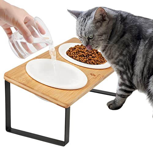 GUUSII HOME Futterstation Katzen Erhöht Fressnapf Katze Erhöht Ergonomischer Katzennapf Erhöht Keramik Napf Katzennapf Katzen Futternapf Katze Fressnapf Holz Keramik (Gelb)