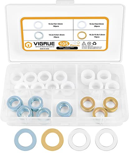 VIGRUE 105 Stück Fitschenringe Sortiment Set, Unterlegscheiben tür Ø10,20 x 15 x 1mm /Ø10,20 x 15 x 2mm/Ø10,20x 15.8 x 1.8mm, Massivem Messing, Verzinkt, Kunststoff