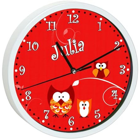 CreaDesign, Wanduhr Kinder personalisiert mit Name, Motiv Eule rot, Rahmen Wanduhr weiß, Ø 19,5 cm